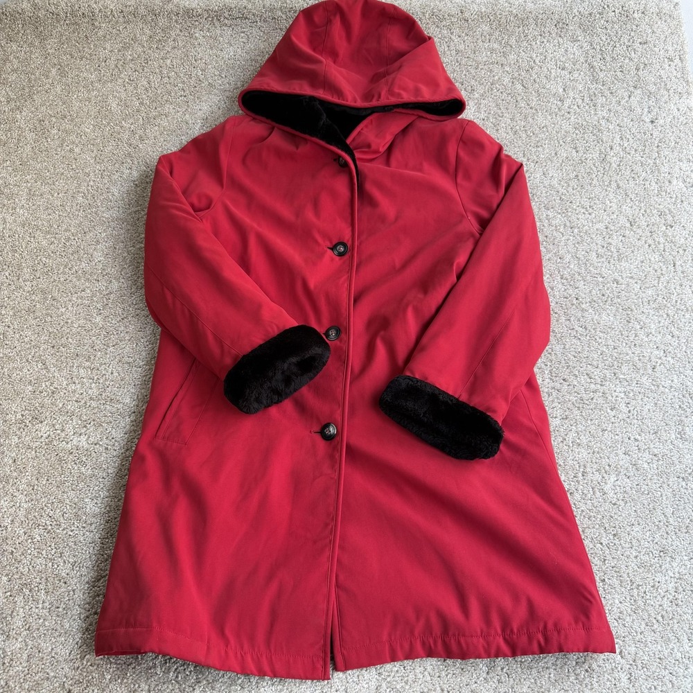 Ensign London Coat Womens Medium Red Hooded Faux Fur Trim Parka Long Lined